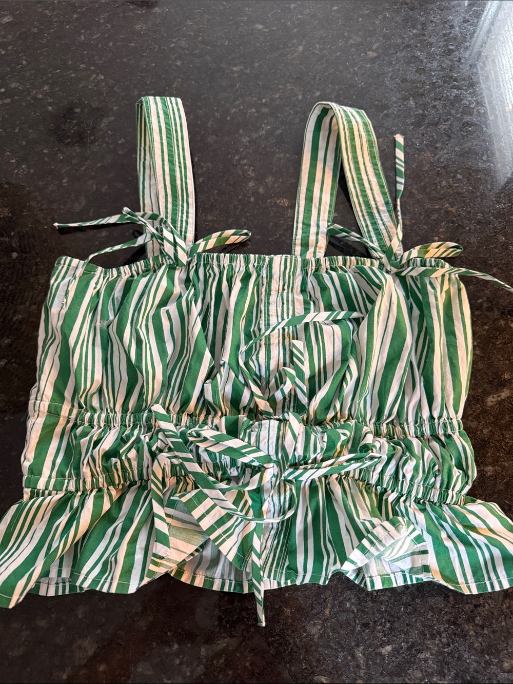 LOFT Green and White Striped Tie-Front Crop Tank